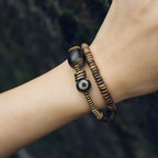 Fortune Jewel Ebony Wood Green Sandalwood Copper Brass Dzi Bead Black Onyx Calm Double Wrap Bracelet