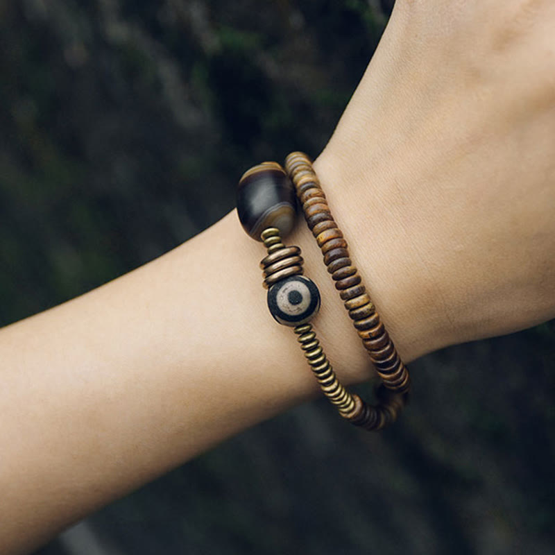 Fortune Jewel Ebony Wood Green Sandalwood Copper Brass Dzi Bead Black Onyx Calm Double Wrap Bracelet