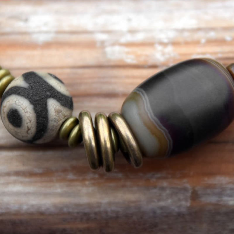 Fortune Jewel Ebony Wood Green Sandalwood Copper Brass Dzi Bead Black Onyx Calm Double Wrap Bracelet
