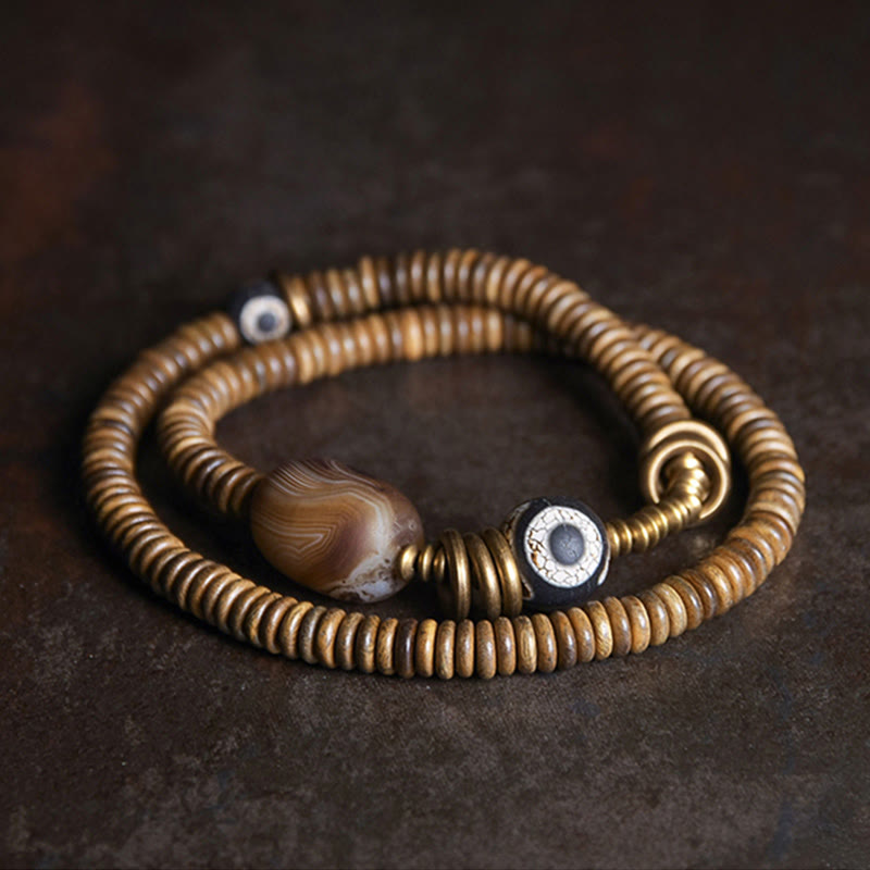 Fortune Jewel Ebony Wood Green Sandalwood Copper Brass Dzi Bead Black Onyx Calm Double Wrap Bracelet
