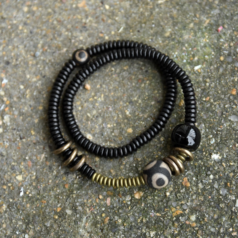 Fortune Jewel Ebony Wood Green Sandalwood Copper Brass Dzi Bead Black Onyx Calm Double Wrap Bracelet