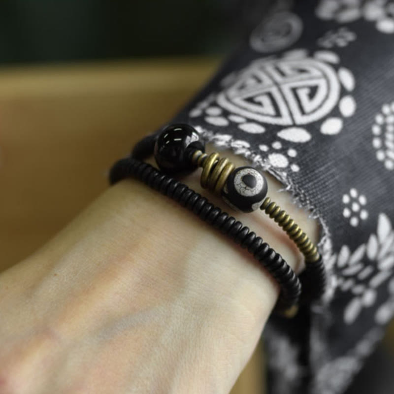 Fortune Jewel Ebony Wood Green Sandalwood Copper Brass Dzi Bead Black Onyx Calm Double Wrap Bracelet