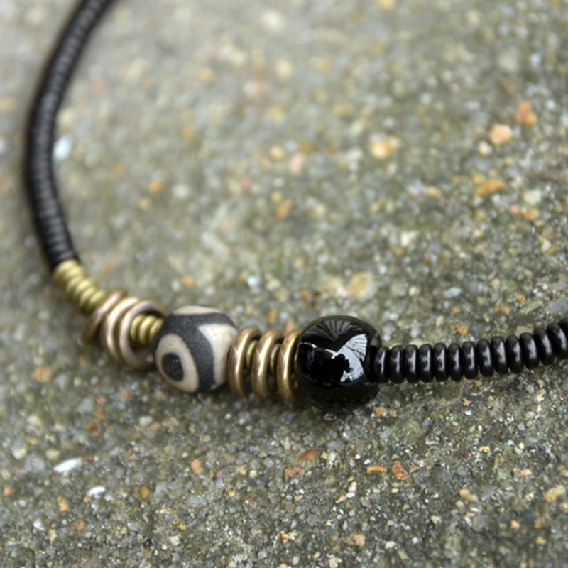 Fortune Jewel Ebony Wood Green Sandalwood Copper Brass Dzi Bead Black Onyx Calm Double Wrap Bracelet