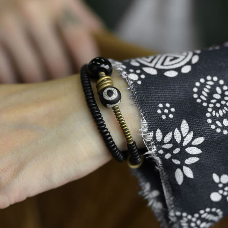 Fortune Jewel Ebony Wood Green Sandalwood Copper Brass Dzi Bead Black Onyx Calm Double Wrap Bracelet