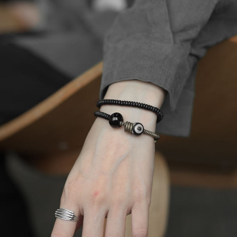Fortune Jewel Ebony Wood Green Sandalwood Copper Brass Dzi Bead Black Onyx Calm Double Wrap Bracelet