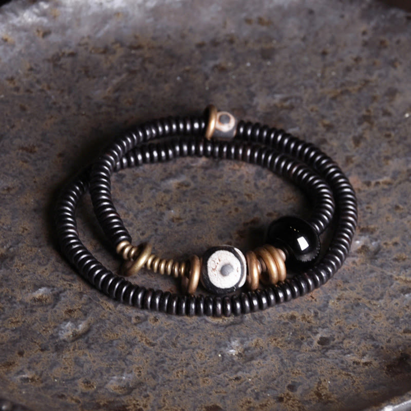 Fortune Jewel Ebony Wood Green Sandalwood Copper Brass Dzi Bead Black Onyx Calm Double Wrap Bracelet