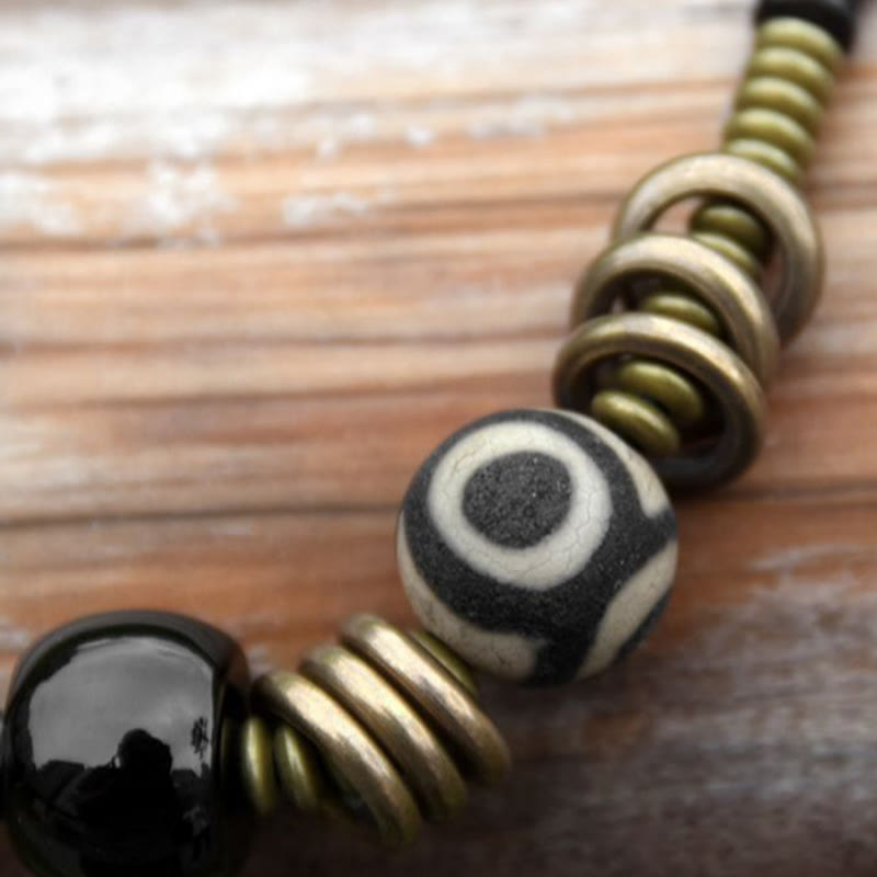 Fortune Jewel Ebony Wood Green Sandalwood Copper Brass Dzi Bead Black Onyx Calm Double Wrap Bracelet
