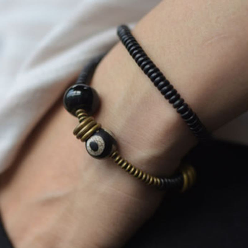 Fortune Jewel Ebony Wood Green Sandalwood Copper Brass Dzi Bead Black Onyx Calm Double Wrap Bracelet