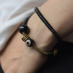 Fortune Jewel Ebony Wood Green Sandalwood Copper Brass Dzi Bead Black Onyx Calm Double Wrap Bracelet