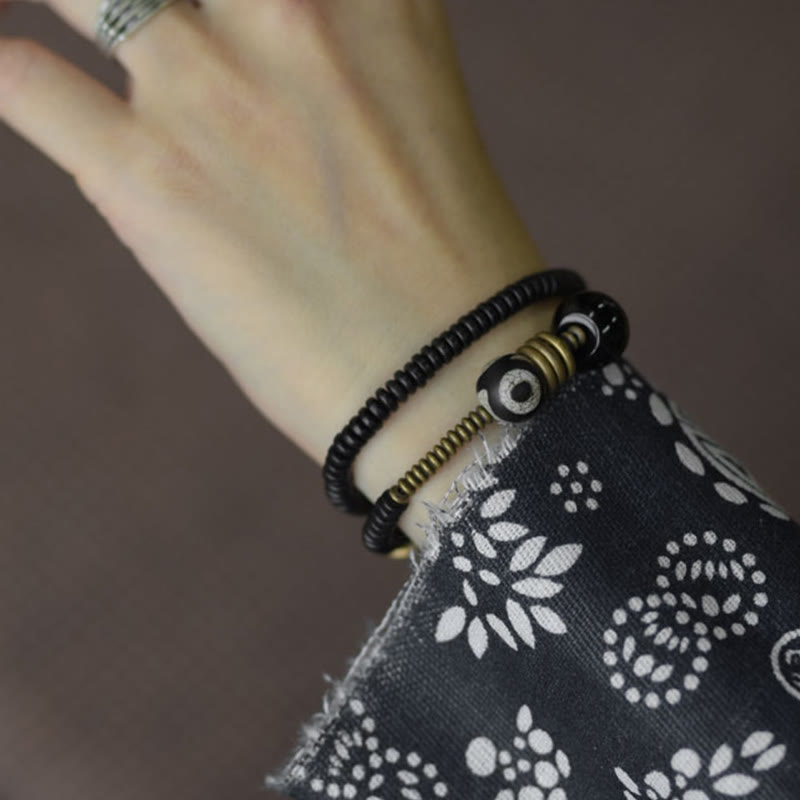 Fortune Jewel Ebony Wood Green Sandalwood Copper Brass Dzi Bead Black Onyx Calm Double Wrap Bracelet