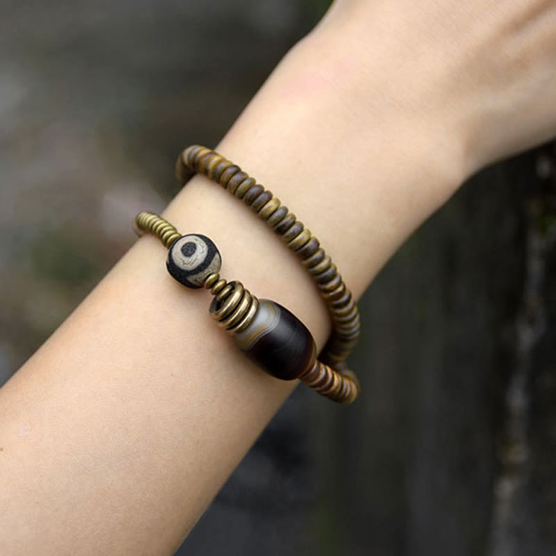 Fortune Jewel Ebony Wood Green Sandalwood Copper Brass Dzi Bead Black Onyx Calm Double Wrap Bracelet