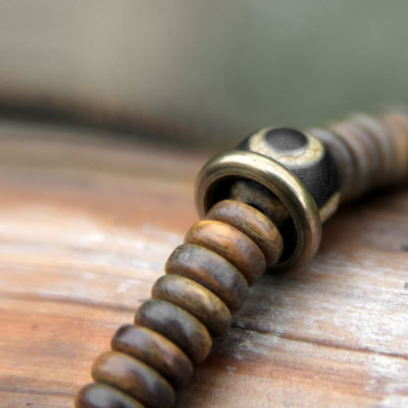 Fortune Jewel Ebony Wood Green Sandalwood Copper Brass Dzi Bead Black Onyx Calm Double Wrap Bracelet
