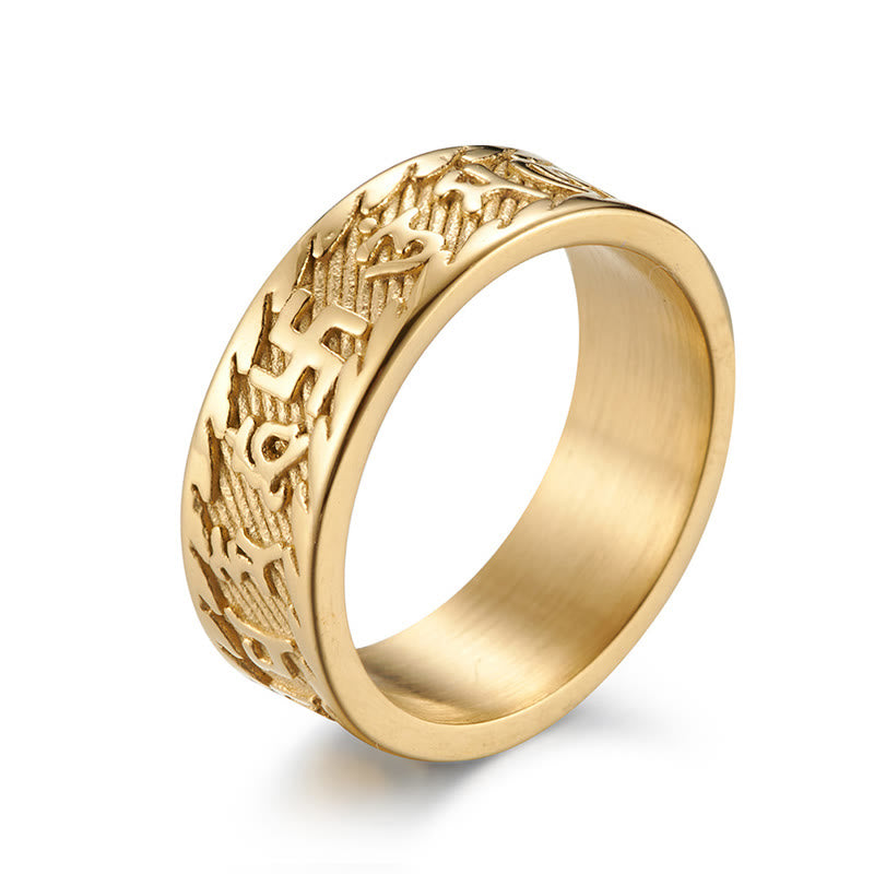Fortune Jewel Six True Words Om Mani Padme Hum Swastika Titanium Steel Peace Ring