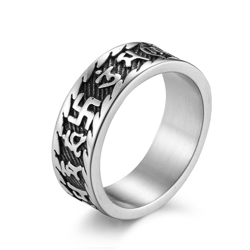 Fortune Jewel Six True Words Om Mani Padme Hum Swastika Titanium Steel Peace Ring