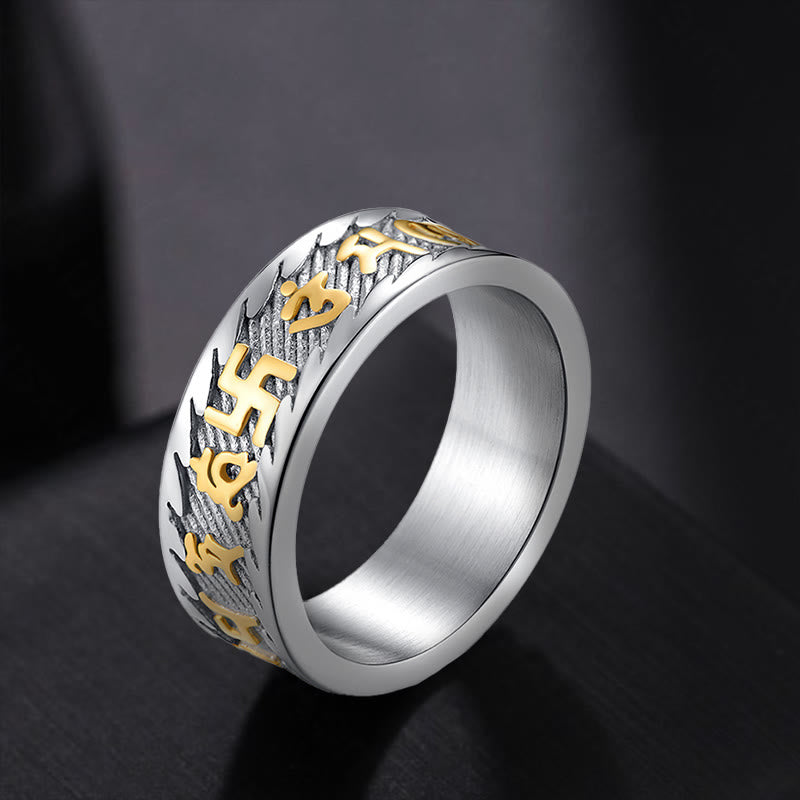Fortune Jewel Six True Words Om Mani Padme Hum Swastika Titanium Steel Peace Ring