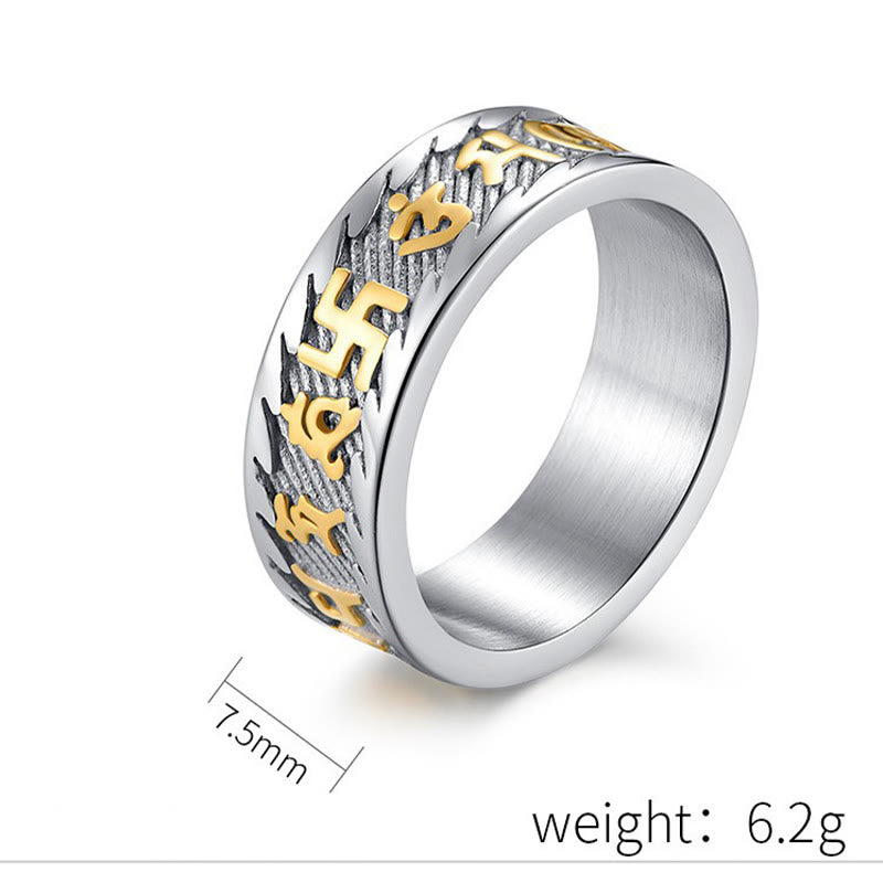 Fortune Jewel Six True Words Om Mani Padme Hum Swastika Titanium Steel Peace Ring