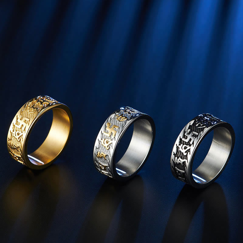 Fortune Jewel Six True Words Om Mani Padme Hum Swastika Titanium Steel Peace Ring