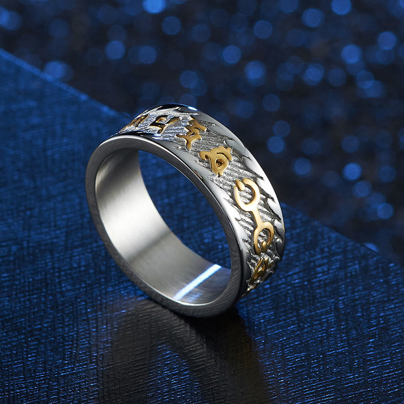 Fortune Jewel Six True Words Om Mani Padme Hum Swastika Titanium Steel Peace Ring