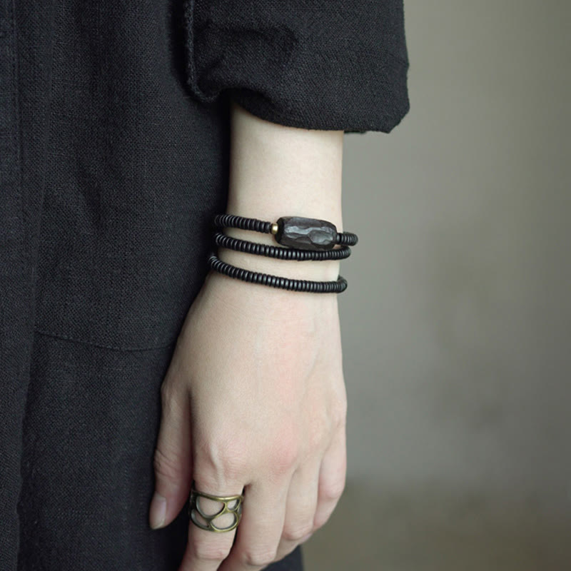 Fortune Jewel Ebony Wood Copper Brass Balance Triple Wrap Bracelet