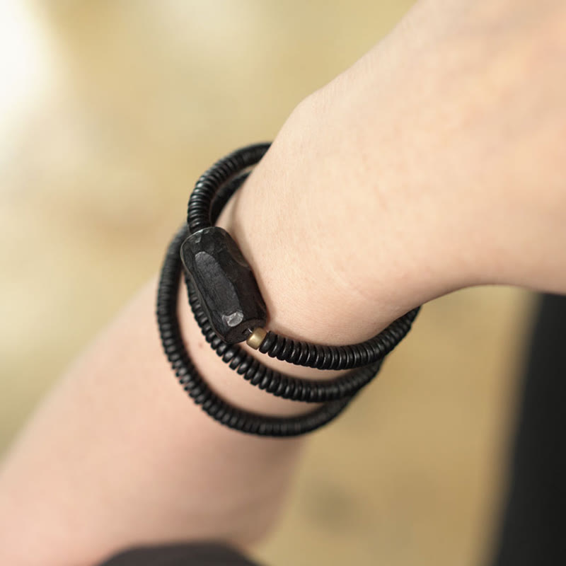 Fortune Jewel Ebony Wood Copper Brass Balance Triple Wrap Bracelet