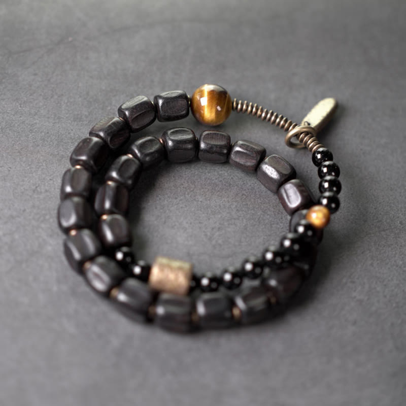 Fortune Jewel Ebony Wood Copper Brass Tiger Eye Peace Double Wrap Bracelet