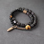 Fortune Jewel Ebony Wood Copper Brass Tiger Eye Peace Double Wrap Bracelet