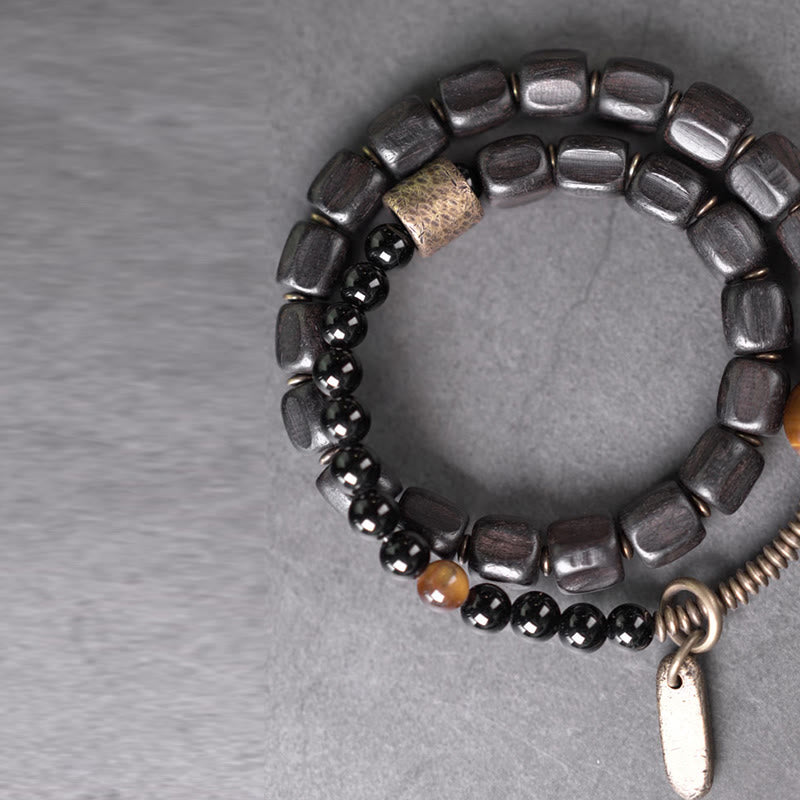 Fortune Jewel Ebony Wood Copper Brass Tiger Eye Peace Double Wrap Bracelet