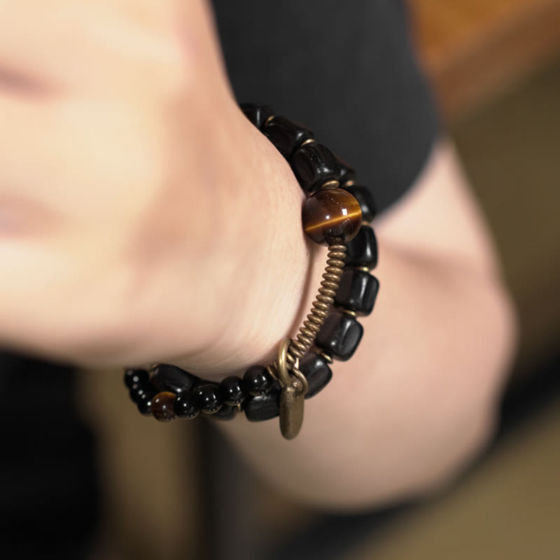 Fortune Jewel Ebony Wood Copper Brass Tiger Eye Peace Double Wrap Bracelet