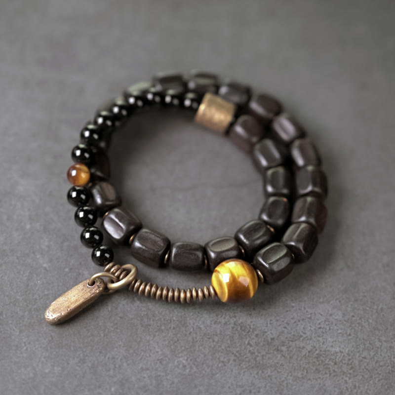 Fortune Jewel Ebony Wood Copper Brass Tiger Eye Peace Double Wrap Bracelet