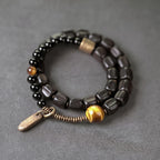 Fortune Jewel Ebony Wood Copper Brass Tiger Eye Peace Double Wrap Bracelet