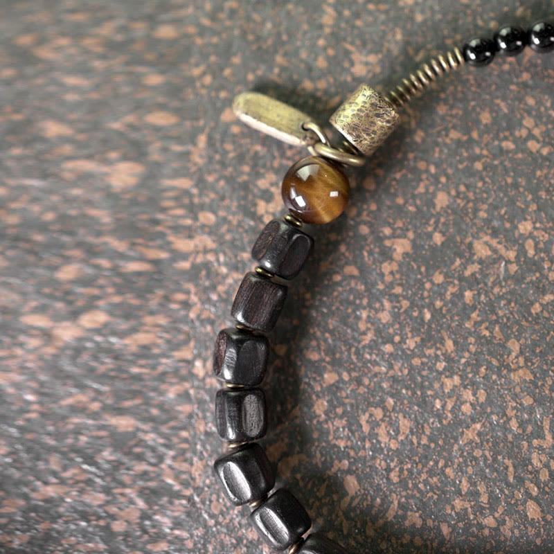 Fortune Jewel Ebony Wood Copper Brass Tiger Eye Peace Double Wrap Bracelet