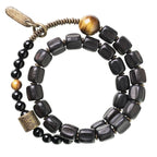 Fortune Jewel Ebony Wood Copper Brass Tiger Eye Peace Double Wrap Bracelet