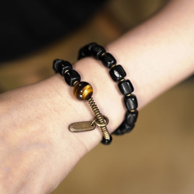Fortune Jewel Ebony Wood Copper Brass Tiger Eye Peace Double Wrap Bracelet