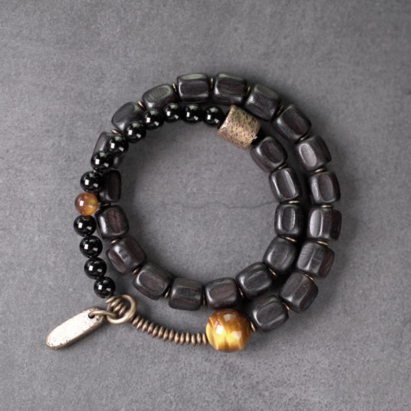 Fortune Jewel Ebony Wood Copper Brass Tiger Eye Peace Double Wrap Bracelet