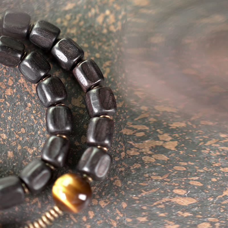 Fortune Jewel Ebony Wood Copper Brass Tiger Eye Peace Double Wrap Bracelet