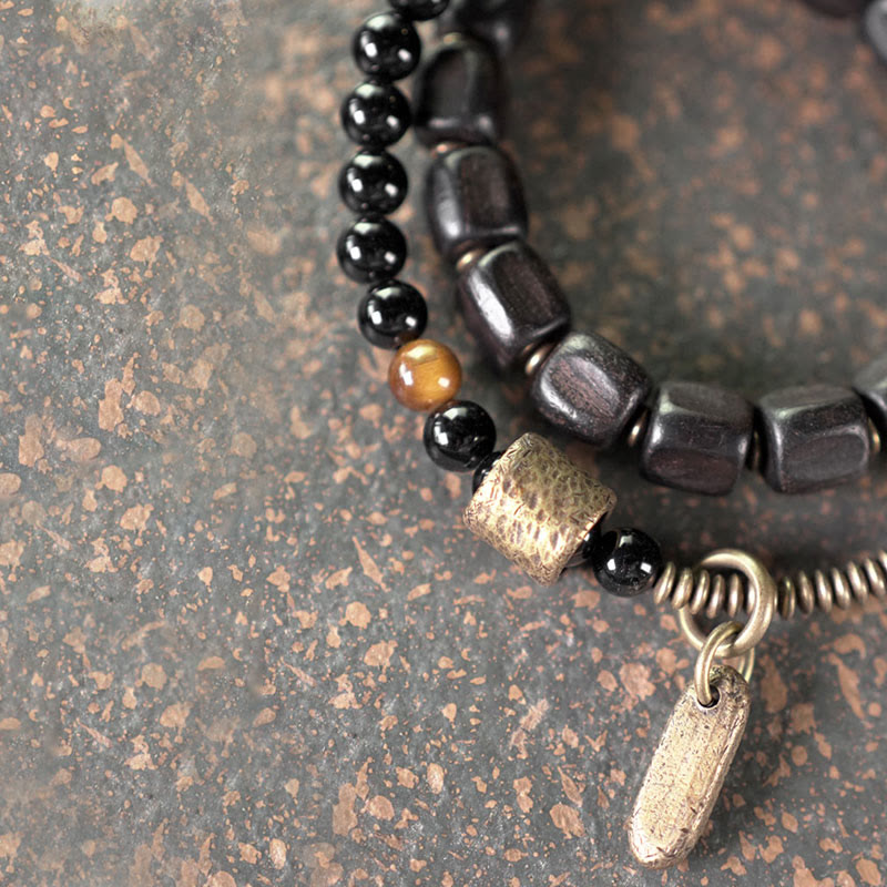 Fortune Jewel Ebony Wood Copper Brass Tiger Eye Peace Double Wrap Bracelet