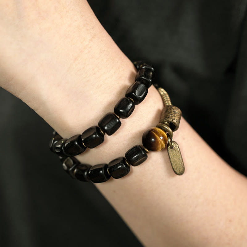 Fortune Jewel Ebony Wood Copper Brass Tiger Eye Peace Double Wrap Bracelet