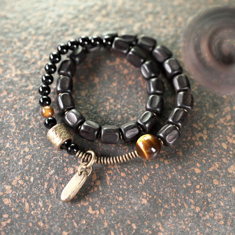 Fortune Jewel Ebony Wood Copper Brass Tiger Eye Peace Double Wrap Bracelet