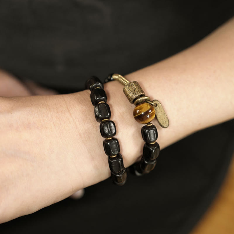 Fortune Jewel Ebony Wood Copper Brass Tiger Eye Peace Double Wrap Bracelet
