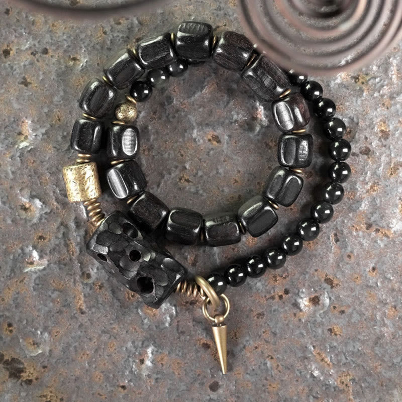 Fortune Jewel Ebony Wood Black Obsidian Copper Brass Peace Double Wrap Bracelet
