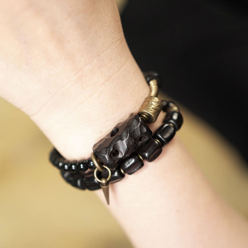 Fortune Jewel Ebony Wood Black Obsidian Copper Brass Peace Double Wrap Bracelet