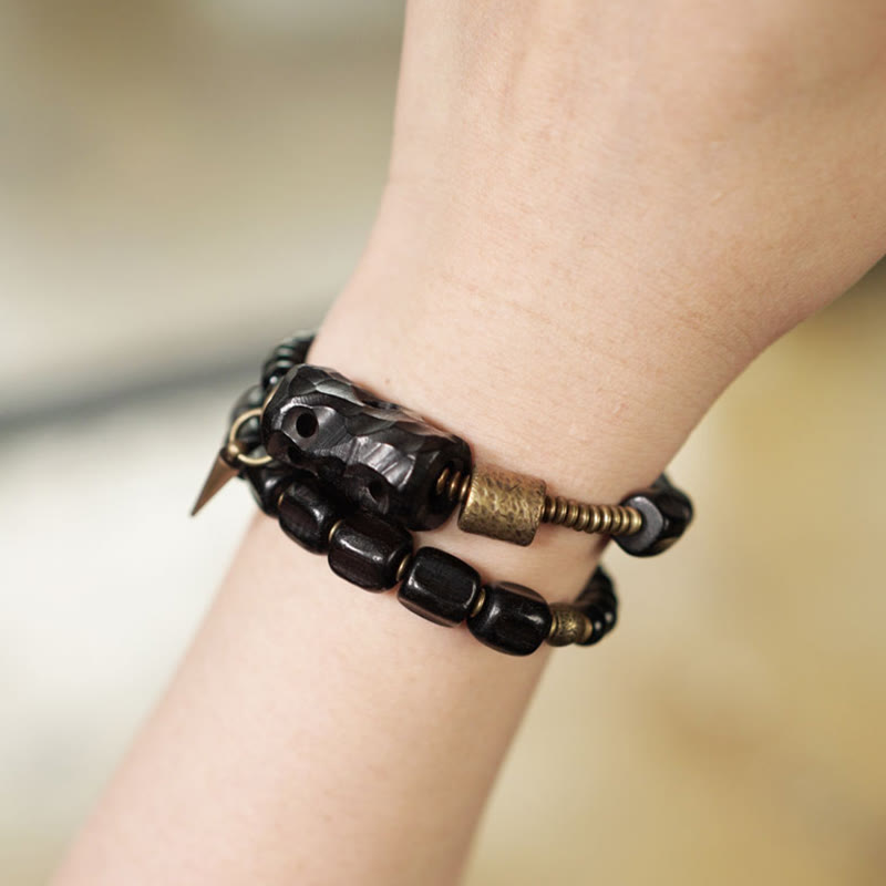 Fortune Jewel Ebony Wood Black Obsidian Copper Brass Peace Double Wrap Bracelet