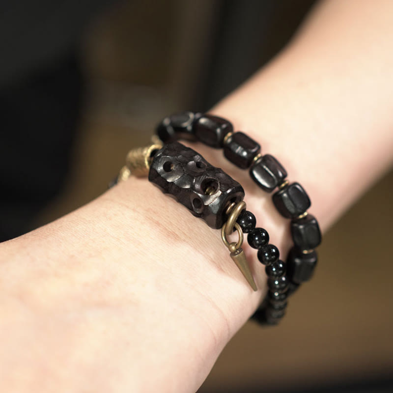 Fortune Jewel Ebony Wood Black Obsidian Copper Brass Peace Double Wrap Bracelet