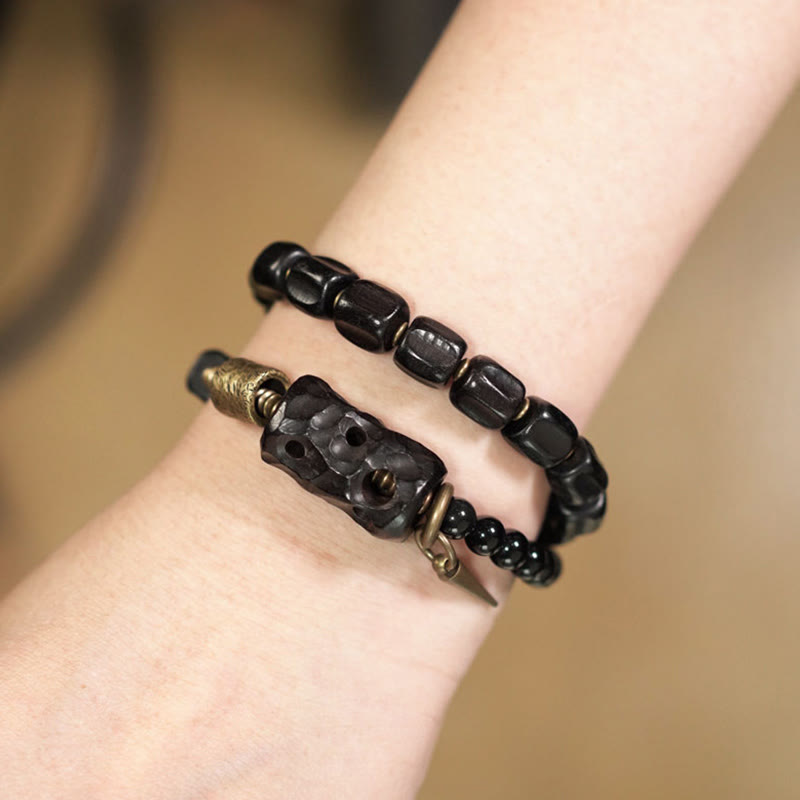 Fortune Jewel Ebony Wood Black Obsidian Copper Brass Peace Double Wrap Bracelet