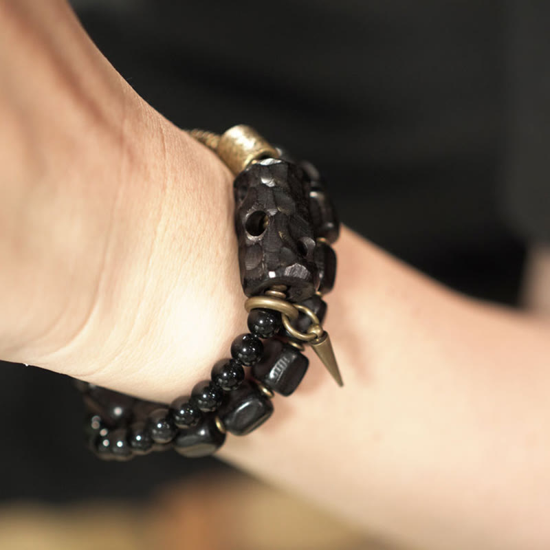 Fortune Jewel Ebony Wood Black Obsidian Copper Brass Peace Double Wrap Bracelet