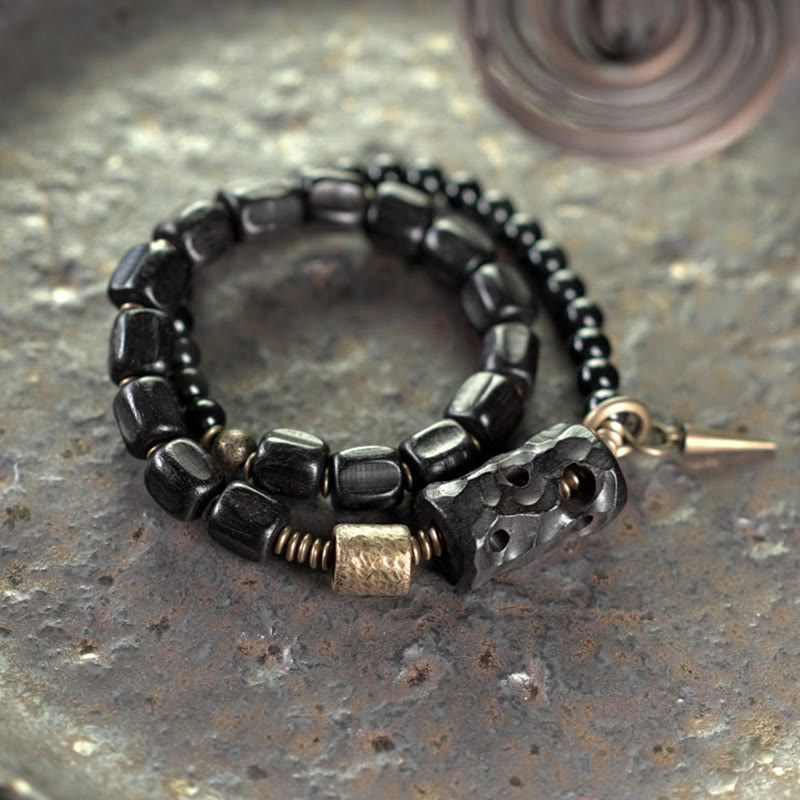 Fortune Jewel Ebony Wood Black Obsidian Copper Brass Peace Double Wrap Bracelet