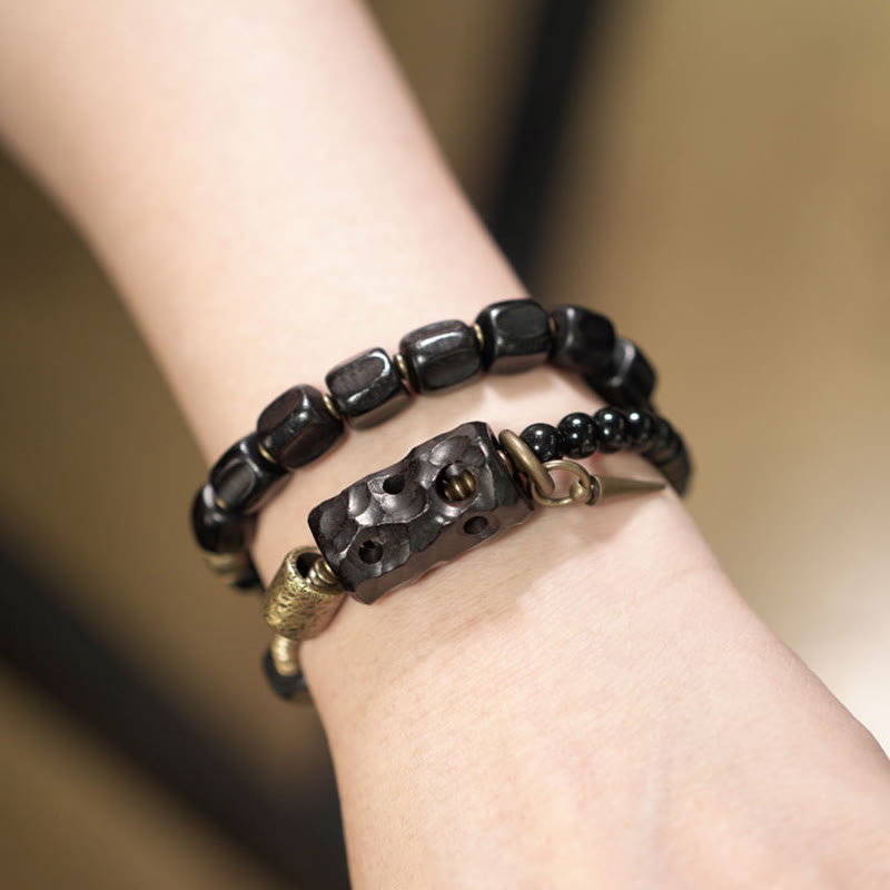 Fortune Jewel Ebony Wood Black Obsidian Copper Brass Peace Double Wrap Bracelet