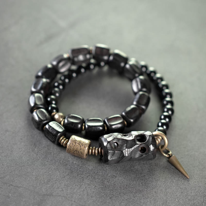 Fortune Jewel Ebony Wood Black Obsidian Copper Brass Peace Double Wrap Bracelet
