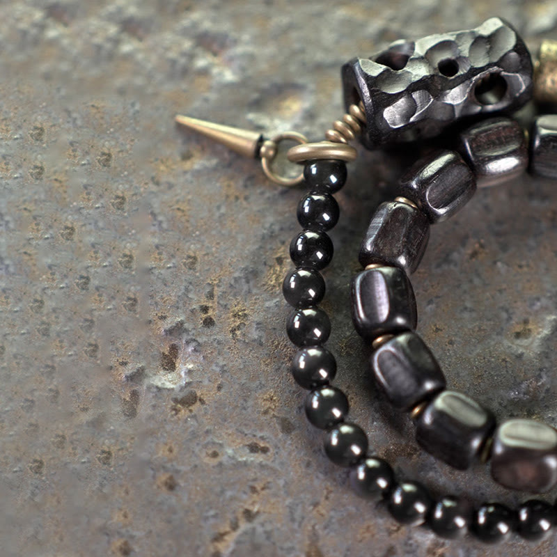 Fortune Jewel Ebony Wood Black Obsidian Copper Brass Peace Double Wrap Bracelet