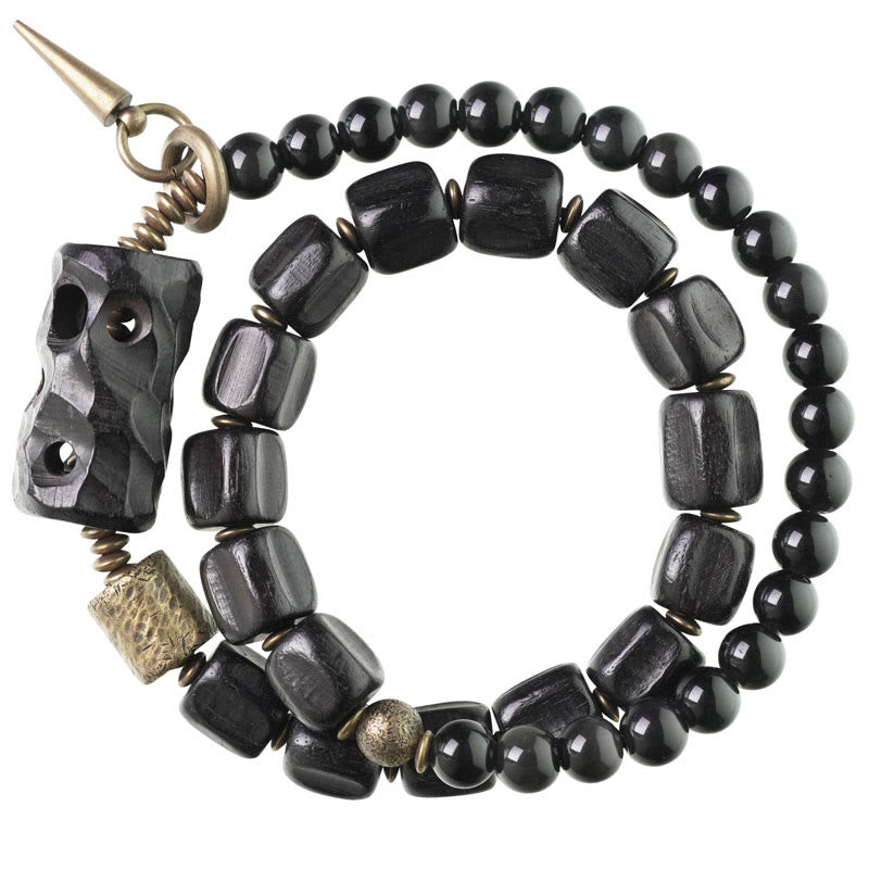 Fortune Jewel Ebony Wood Black Obsidian Copper Brass Peace Double Wrap Bracelet